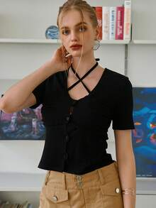 SHEIN Áo thun nữ Hội Chữ thập Buộc lại Gân đan Nút phía trước màu trơn Giải trí - màu đen - Xem 8