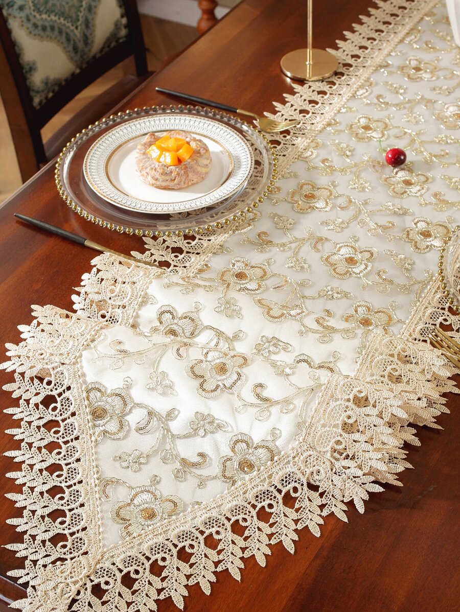 1pc 100% Polyester Lace Trim Embroidered Party/Wedding Table Runner - Multicolor - View 1