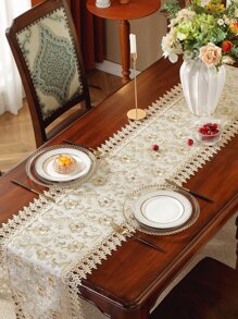 1pc 100% Polyester Lace Trim Embroidered Party/Wedding Table Runner - Multicolor - View 3