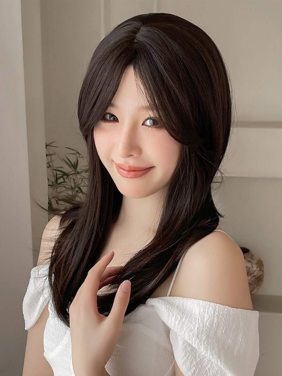 HAIRCUBE 24英吋深棕色女用有瀏海假髮，長款自然直髮分層合成髮，適合日常與萬聖節 - Dark Brown - 查看 1