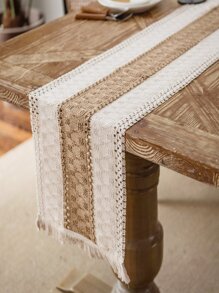 1pc Colorblock Fringe Trim Table Runner, Modern Polyester Kitchen Table Runner - Multicolor - View 1