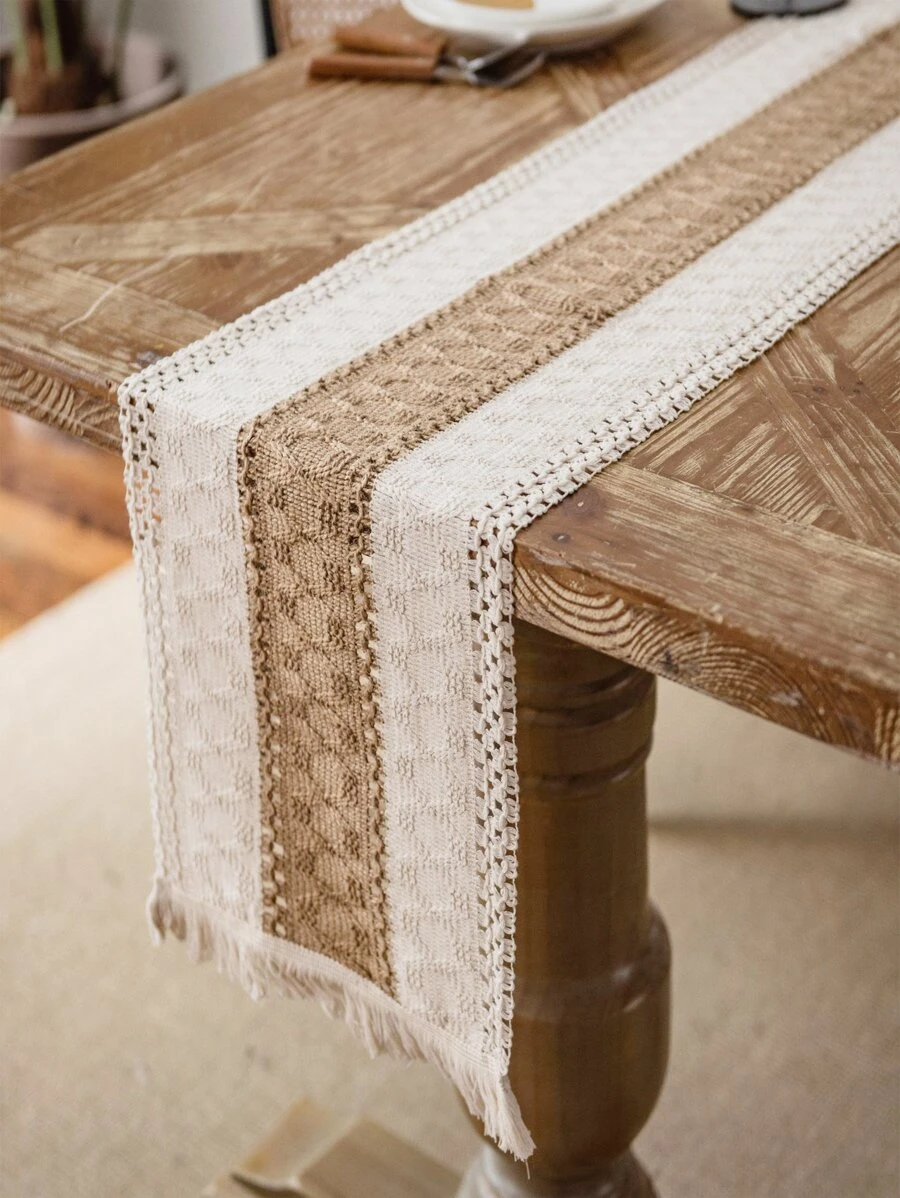 1pc Colorblock Fringe Trim Table Runner, Modern Polyester Kitchen Table Runner - Multicolor - View 1