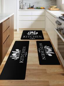 1pc Tableware Pattern Kitchen Rug, Modern Polyester Kitchen Mat For Kitchen ,Room Decor - Black and White - View 1