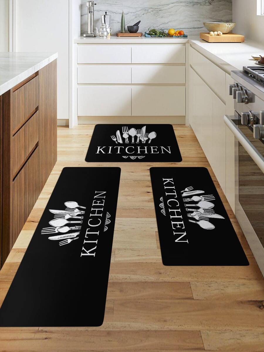 1pc Tableware Pattern Kitchen Rug, Modern Polyester Kitchen Mat For Kitchen ,Room Decor - Black and White - View 1