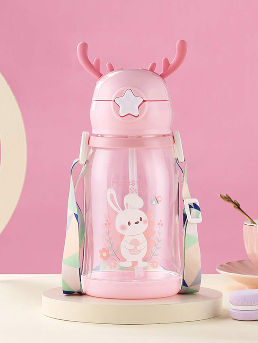 Botella de agua con estampado de dibujos animados con diseño de cornamenta - Rosa Pálido - Ver 1