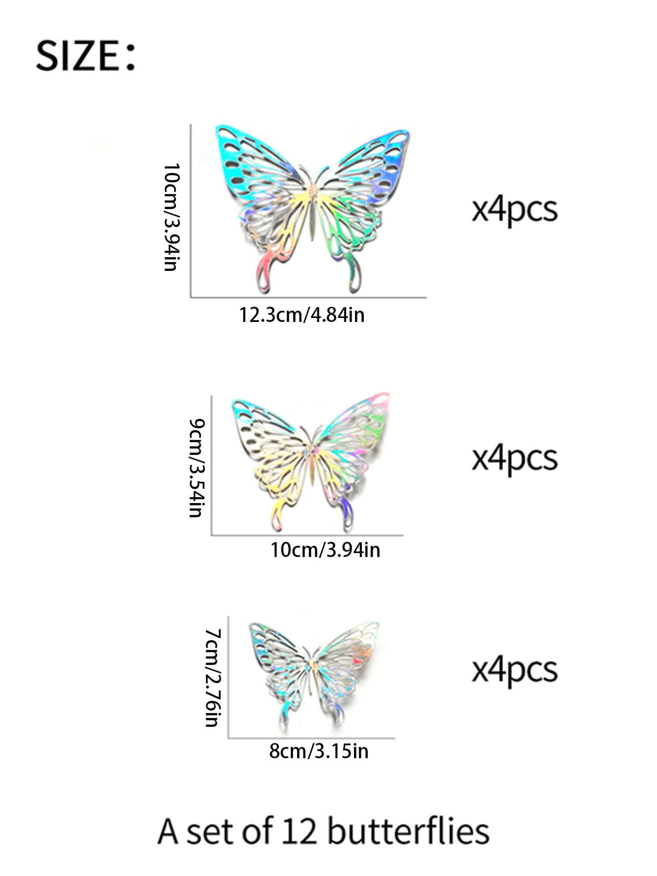 12入組3D蝴蝶形狀牆貼銀鏤空紙蝴蝶貼紙裝飾 - 彩色 - 查看 5