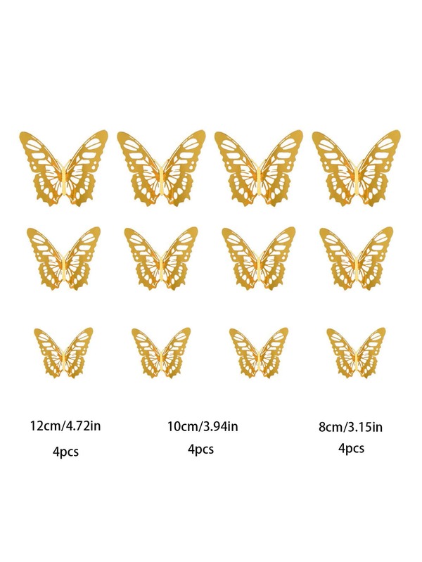 12pcs Hollow 3D Butterfly Sticker, Gold Paper Butterfly Wall Decor For