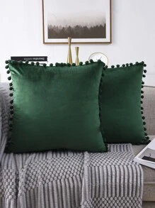 1pc Pom Pom Plain Velvet Cushion Cover Without Filler Home Gift - Dark Green - View 1