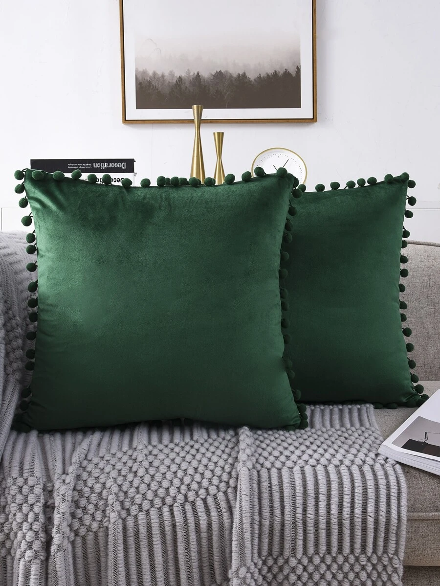 1pc Pom Pom Plain Velvet Cushion Cover Without Filler Home Gift - Dark Green - View 1