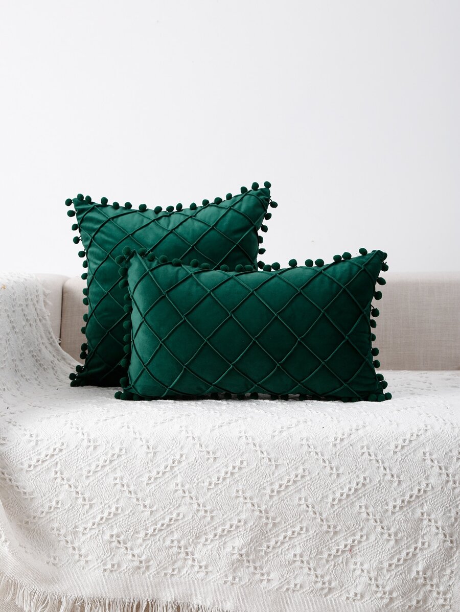 1pc Pom Pom Decor Cushion Cover Without Filler - Green - View 1