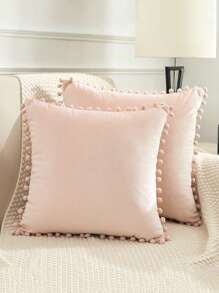 1pc Solid Pom Pom Cushion Cover Without Filler - Pink - View 1