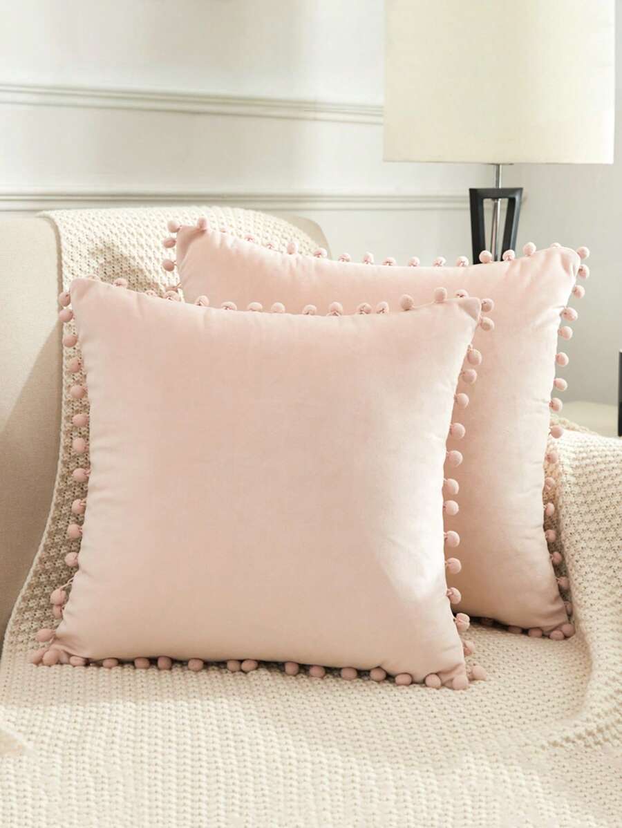 1pc Solid Pom Pom Cushion Cover Without Filler - Pink - View 1