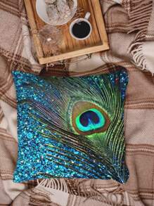 1pc Peacock Print Cushion Cover Without Filler, Boho Polyester Square Throw Pillow Cover For Bedroom Sofa Home Decoration - Multicolor - View 4