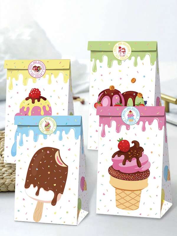 14 حقيبة هدايا بنمط الآيس كريم مع ملصق، أكياس تغليف ورقية كرتونية لحفلة عيد الحب