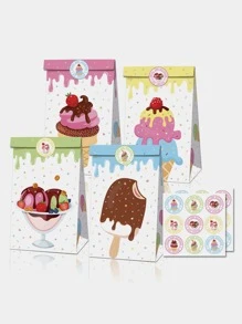 14 件冰淇淋图案礼品袋带贴纸，卡通纸质包装袋，适合情人节派对 - 彩色 - 查看 2
