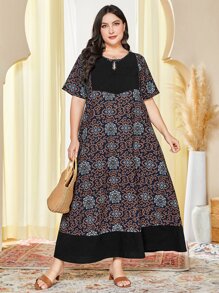 Al Najma Vestido con estampado floral de cuello con abertura de ojo - Negro - Ver 1