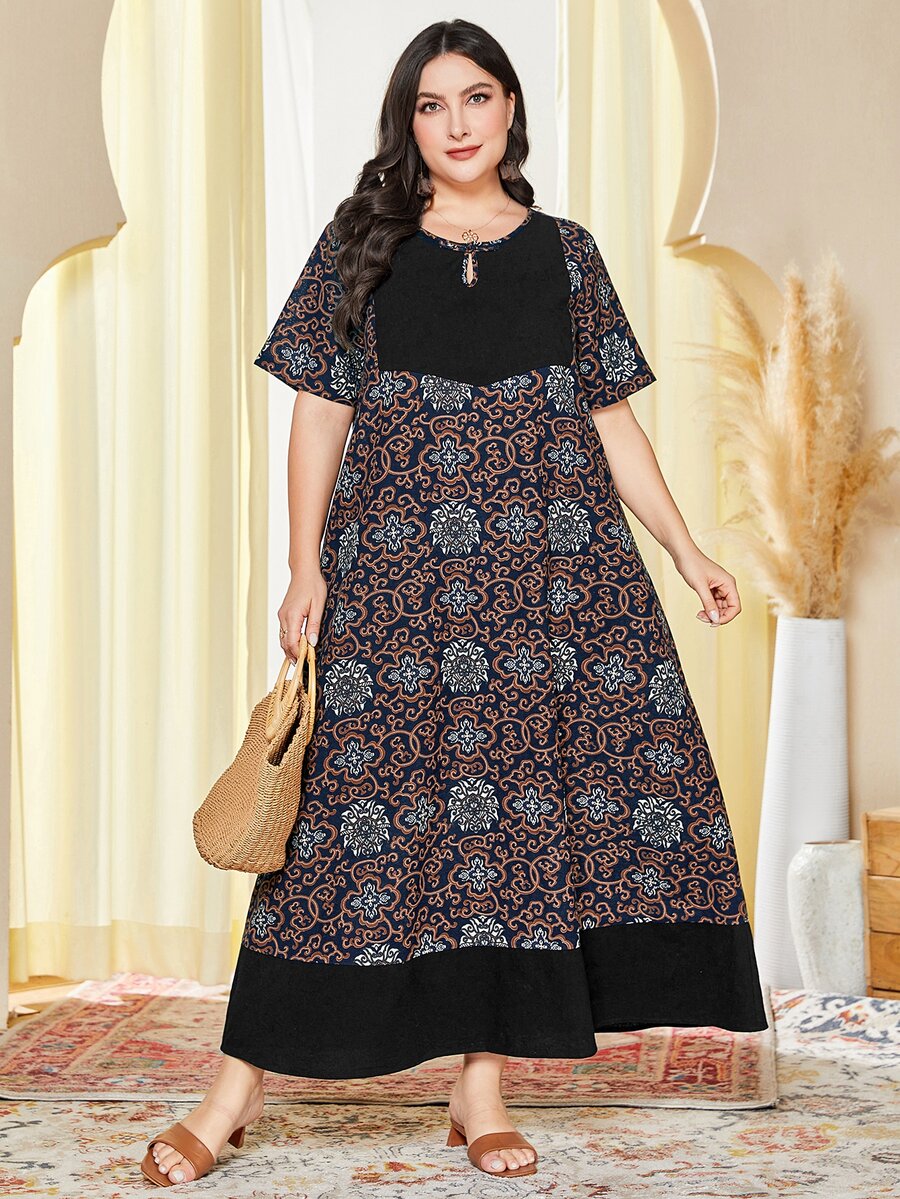 Al Najma Vestido con estampado floral de cuello con abertura de ojo - Negro - Ver 1