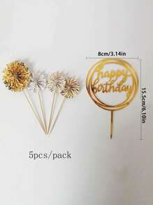 5pcs Birthday Cake Topper, Cake Decoration For Birthday Party - Gold - View 3
