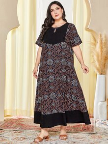 Al Najma Vestido con estampado floral de cuello con abertura de ojo - Negro - Ver 5