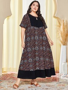 Al Najma Vestido con estampado floral de cuello con abertura de ojo - Negro - Ver 6