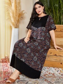 Al Najma Vestido con estampado floral de cuello con abertura de ojo - Negro - Ver 7