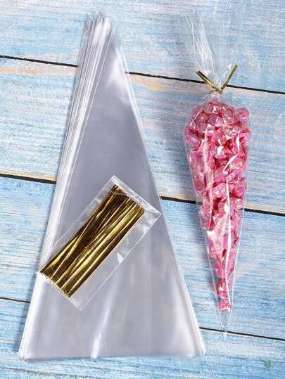 50pcs/Lot DIY Candy Bag, Wedding Favors Birthday Party Decoration, Sweet Cellophane Transparent Cone Storage With Twist Tie School Supplies Food Bag Food Box Suitable For Candy Chocolate Cookies Etc.