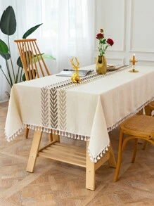 Leaf Embroidered Tassel Trim Tablecloth - Multicolor - View 1