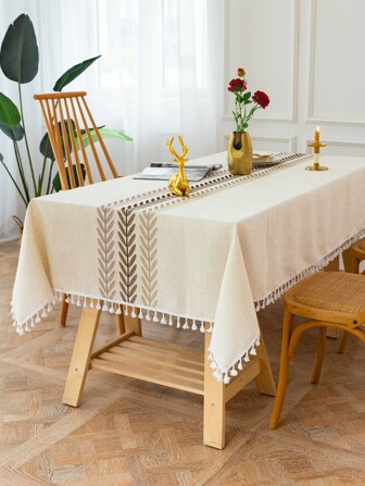 Leaf Embroidered Tassel Trim Tablecloth