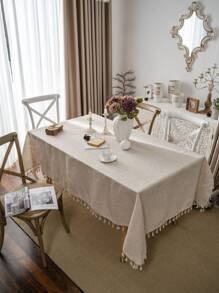 Bubaba 1pc Bohemian Bamboo Knot Linen Rectangular Tablecloth With Tassels, Beige Color, Home Decor For Dining Room, Kitchen, Bedroom, Living Room, Party, Wedding, Holiday Celebration, Fits Round Tables, Cafe - Beige - View 12