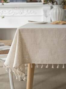 Bubaba 1pc Bohemian Bamboo Knot Linen Rectangular Tablecloth With Tassels, Beige Color, Home Decor For Dining Room, Kitchen, Bedroom, Living Room, Party, Wedding, Holiday Celebration, Fits Round Tables, Cafe - Beige - View 8