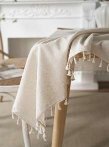 Bubaba 1pc Bohemian Bamboo Knot Linen Rectangular Tablecloth With Tassels, Beige Color, Home Decor For Dining Room, Kitchen, Bedroom, Living Room, Party, Wedding, Holiday Celebration, Fits Round Tables, Cafe - Beige - View 3