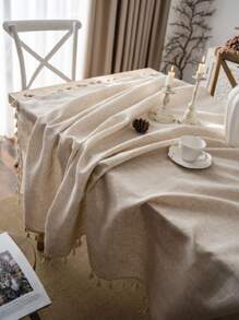 Bubaba 1pc Bohemian Bamboo Knot Linen Rectangular Tablecloth With Tassels, Beige Color, Home Decor For Dining Room, Kitchen, Bedroom, Living Room, Party, Wedding, Holiday Celebration, Fits Round Tables, Cafe - Beige - View 2