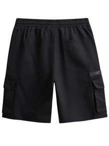 Manfinity Homme 寬鬆男款字母貼片附蓋口袋工人短褲 - 黑色 - 查看 2