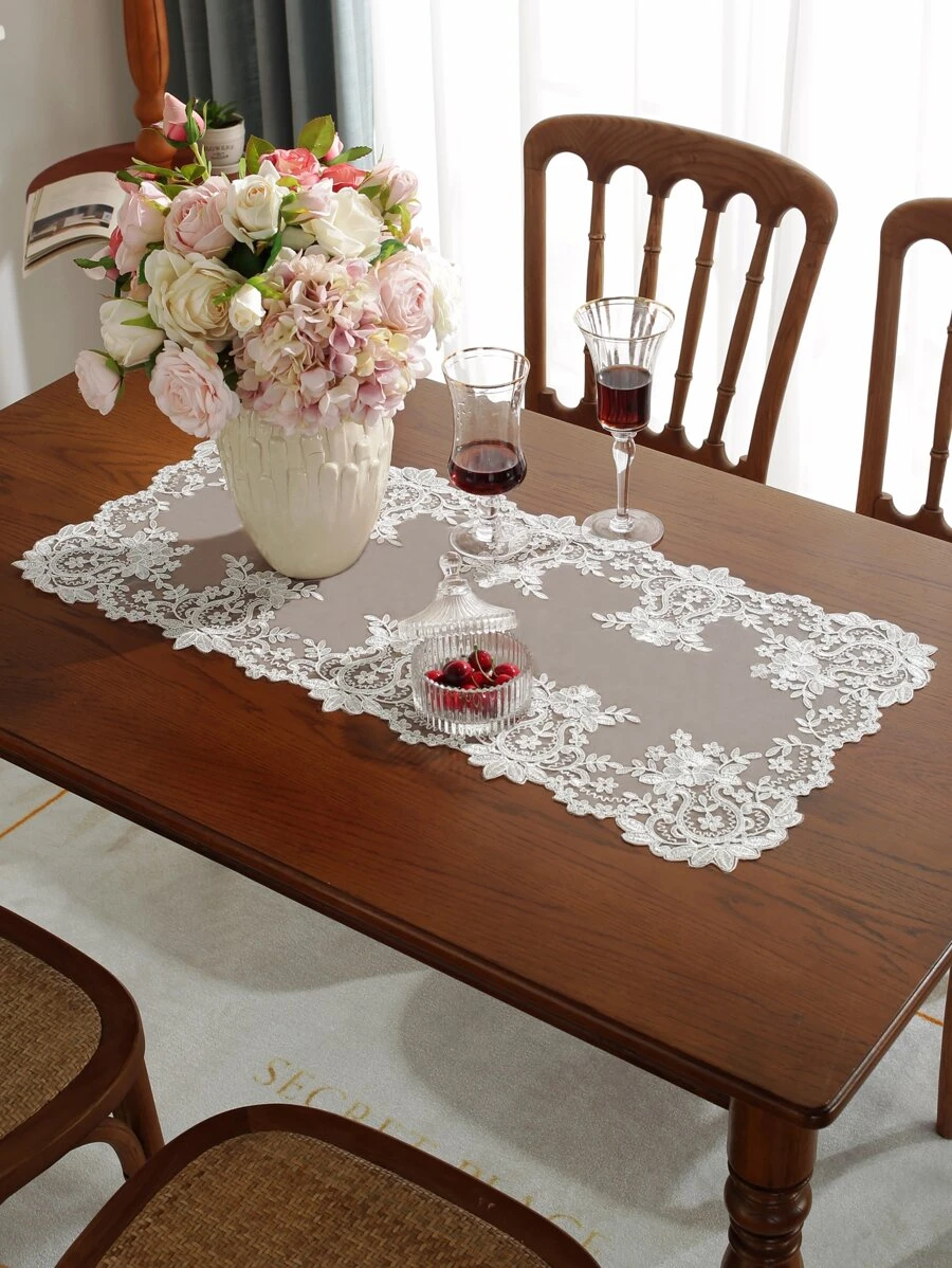 1pc Flower Embroidery Table Runner, White Lace Table Mat, For Home Decor