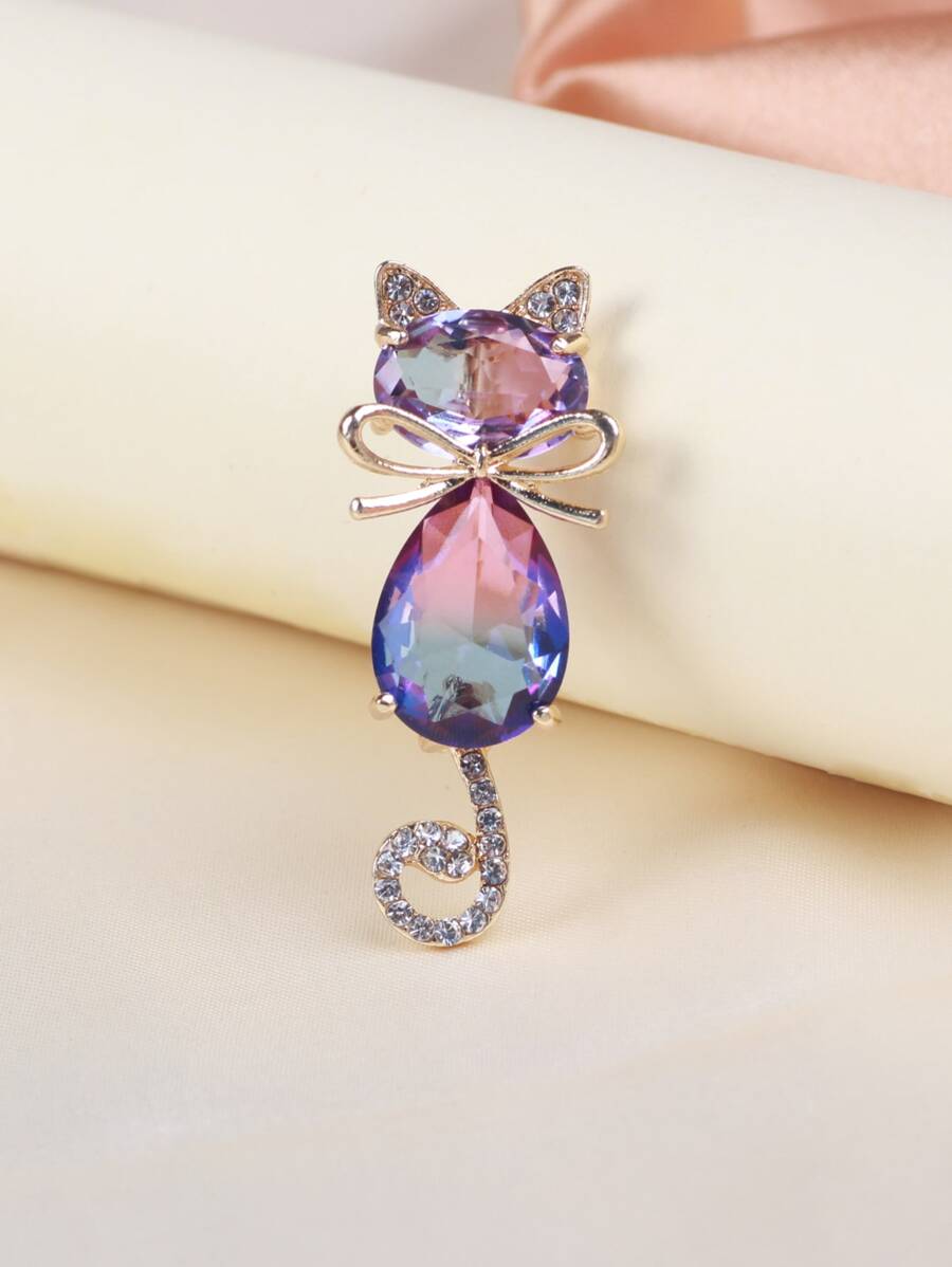 Rhinestone Cat Design Brooch - Multicolor - View 1