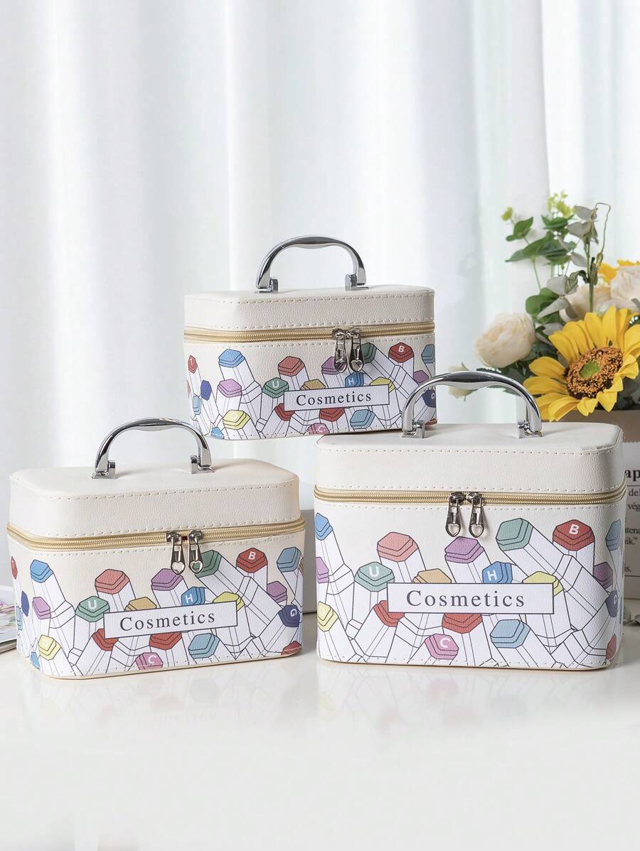 Set de estuches de maquillaje portátiles de gran capacidad con imágenes de dibujos animados de 3 piezas para mujeres y niñas - Blanco - Ver 1