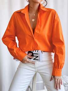 SHEIN Essnce 素色落肩袖襯衫 - 橘色 - 查看 1