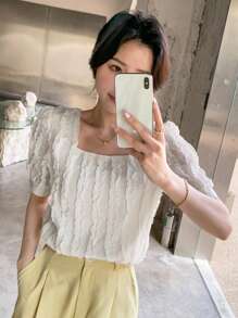DAZY Square Neck Puff Sleeve Blouse - White - View 6
