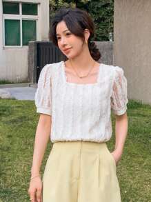 DAZY Square Neck Puff Sleeve Blouse - White - View 8