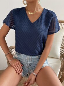 SHEIN Frenchy Solid V Neck Butterfly Sleeve Blouse Summer Casual Blue - Navy Blue - View 1