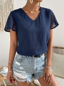 SHEIN Frenchy Solid V Neck Butterfly Sleeve Blouse Summer Casual Blue - Navy Blue - View 4