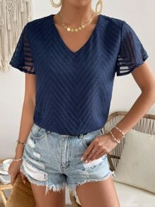 SHEIN Frenchy Solid V Neck Butterfly Sleeve Blouse Summer Casual Blue - Navy Blue - View 5