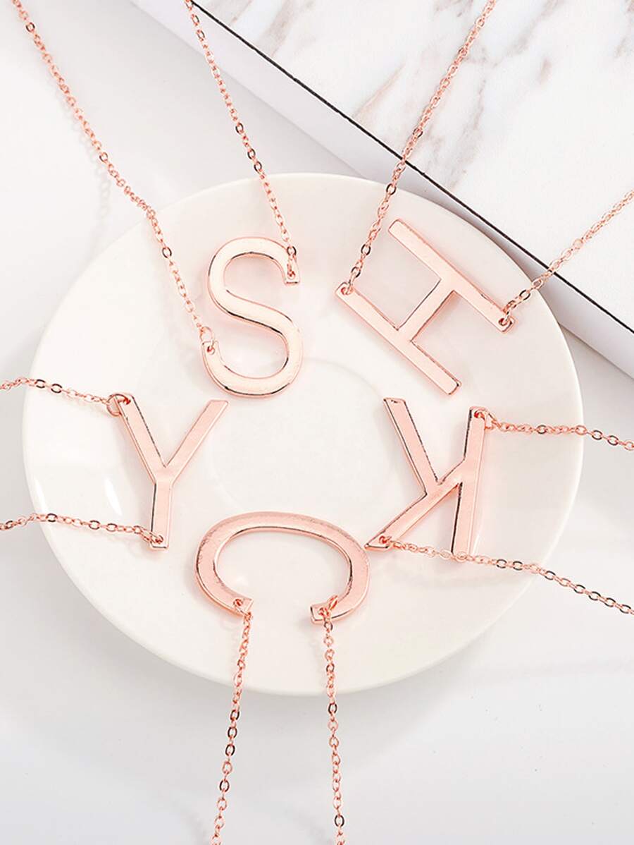 1入組字母和皇冠裝飾項鍊 - 玫瑰金 - 查看 1