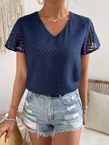 SHEIN Frenchy Solid V Neck Butterfly Sleeve Blouse Summer Casual Blue - Navy Blue - View 7