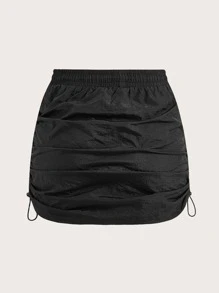 SHEIN EZwear 夏季黑色抽绳侧褶紧身半身裙 - 黑色 - 查看 2