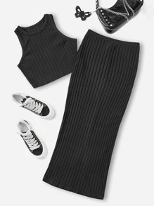 SHEIN EZwear 素色背心上衣和半身裙 - 黑色 - 查看 1