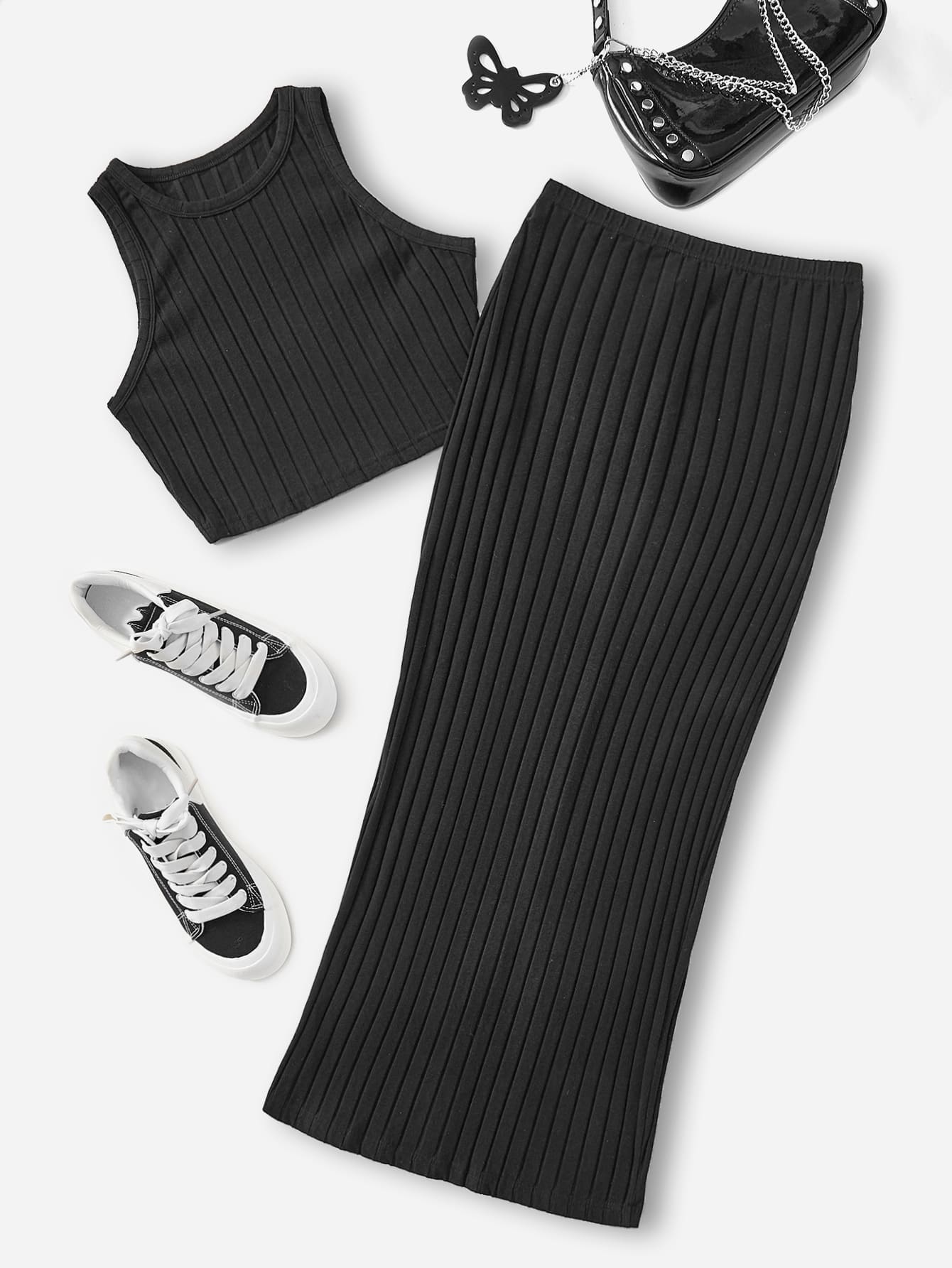 SHEIN EZwear 素色背心上衣和半身裙 - 黑色 - 查看 1