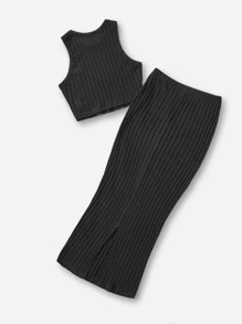 SHEIN EZwear 素色背心上衣和半身裙 - 黑色 - 查看 2