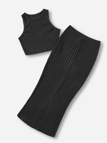 SHEIN EZwear 素色背心上衣和半身裙 - 黑色 - 查看 4