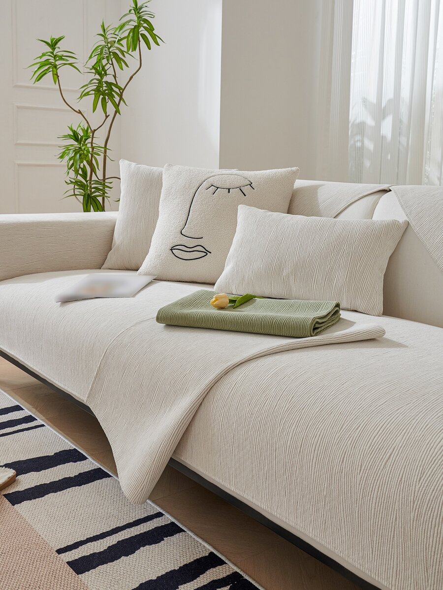 1入組素色沙發巾現代滌綸沙發套家用毛毯四季皆宜 - 米色 - 查看 1